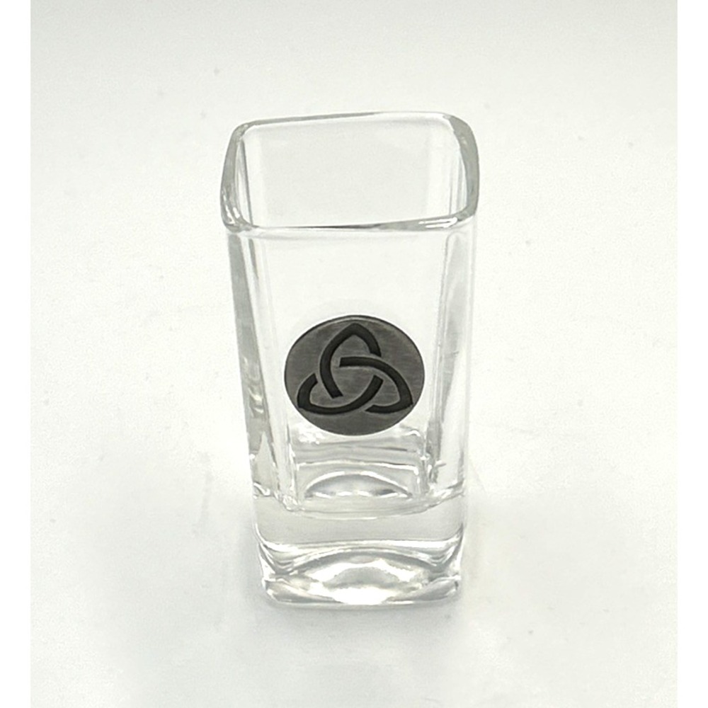 Irish Square Shot Glass Jigger Pewter Celtic Trinity Knot Medallion 3 oz Barware